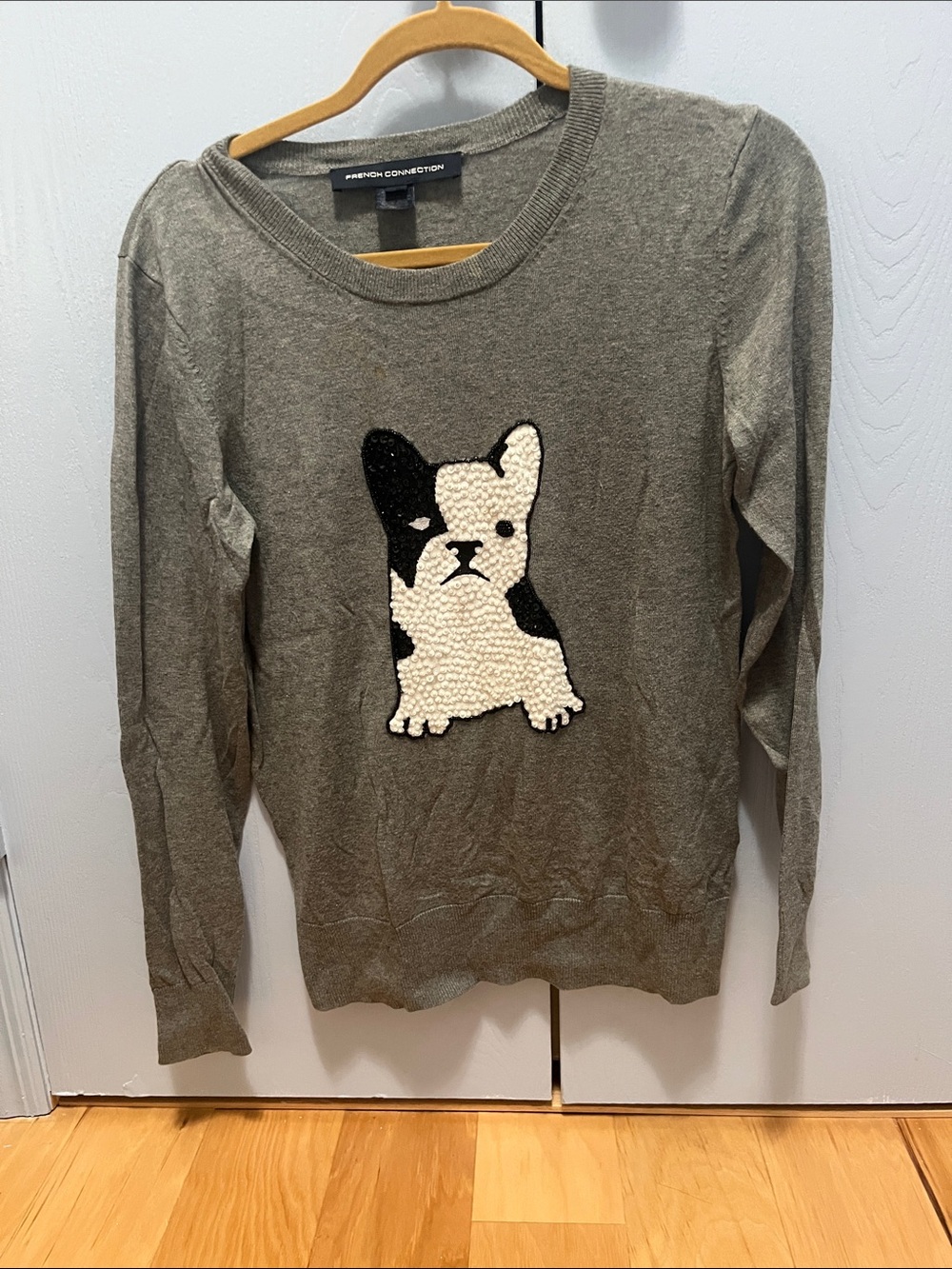 French Connection Gray Knit Sweater with Puppy Appliqué